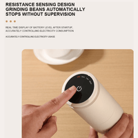 Thumbnail for Electric coffee grinder with a hand pressing a button on a wooden surface