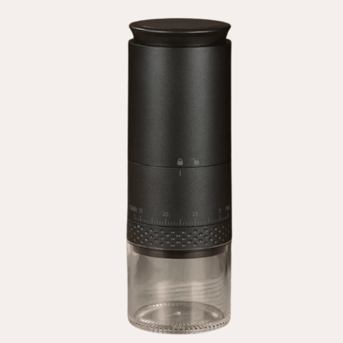 Black pepper grinder with clear container on a white background