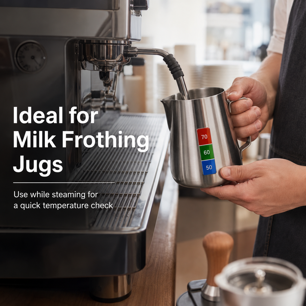 A stainless steel milk frothing jug with three colored temperature indicators (red for 70, green for 60, blue for 50) being held by a barista next to an espresso machine. White text on the left reads 'Ideal for Milk Frothing Jugs'.