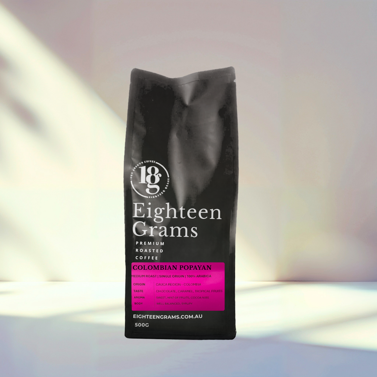 Black coffee bag labeled 'Eighteen Grams' on a white background-colombian popayan 500g 