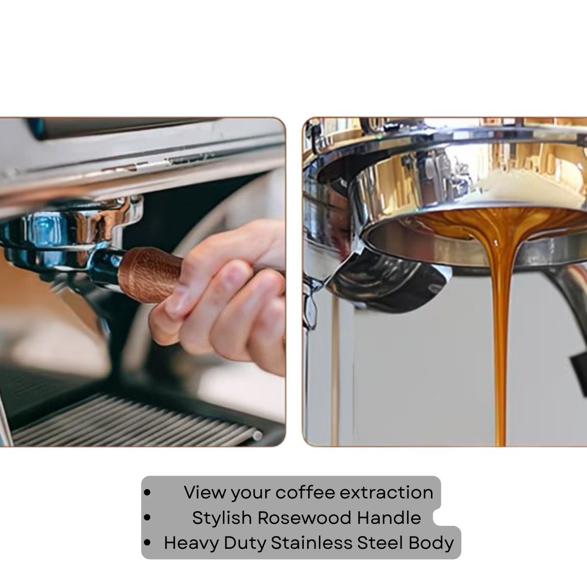 Coffee extraction process with a focus on the rosewood handle and stainless steel body of the coffee machine.