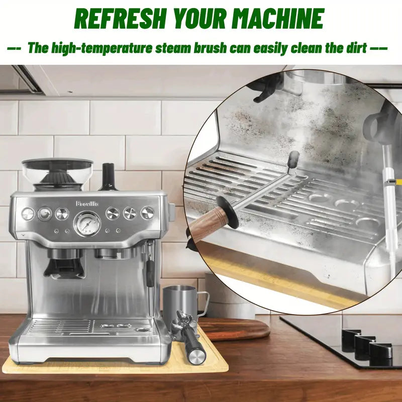 Espresso machine with high-temperature steam brush cleaning it, on a kitchen counter.