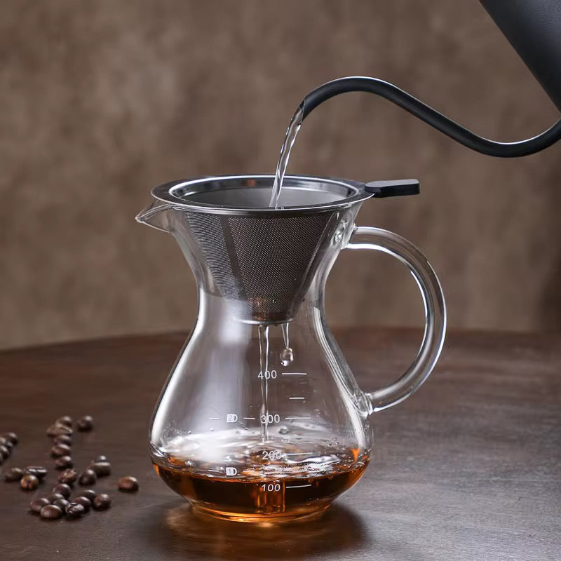 Glass Pour Over Coffee Maker with Stainless Steel Filter – 400ml Manual Drip Brewer