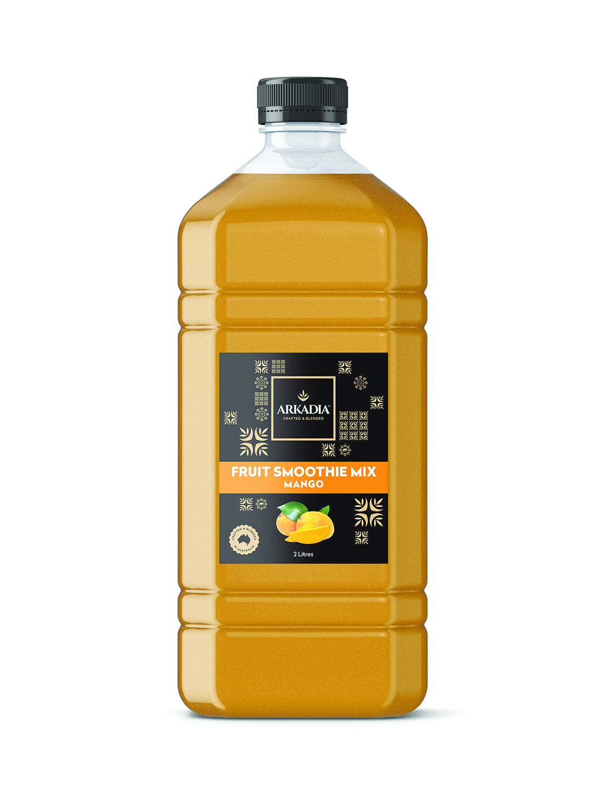 A large plastic bottle of Abkadia Fruit Smoothie Mix Mango, filled with golden orange liquid, featuring a black cap and a black label with orange accents, set against a plain white background.
