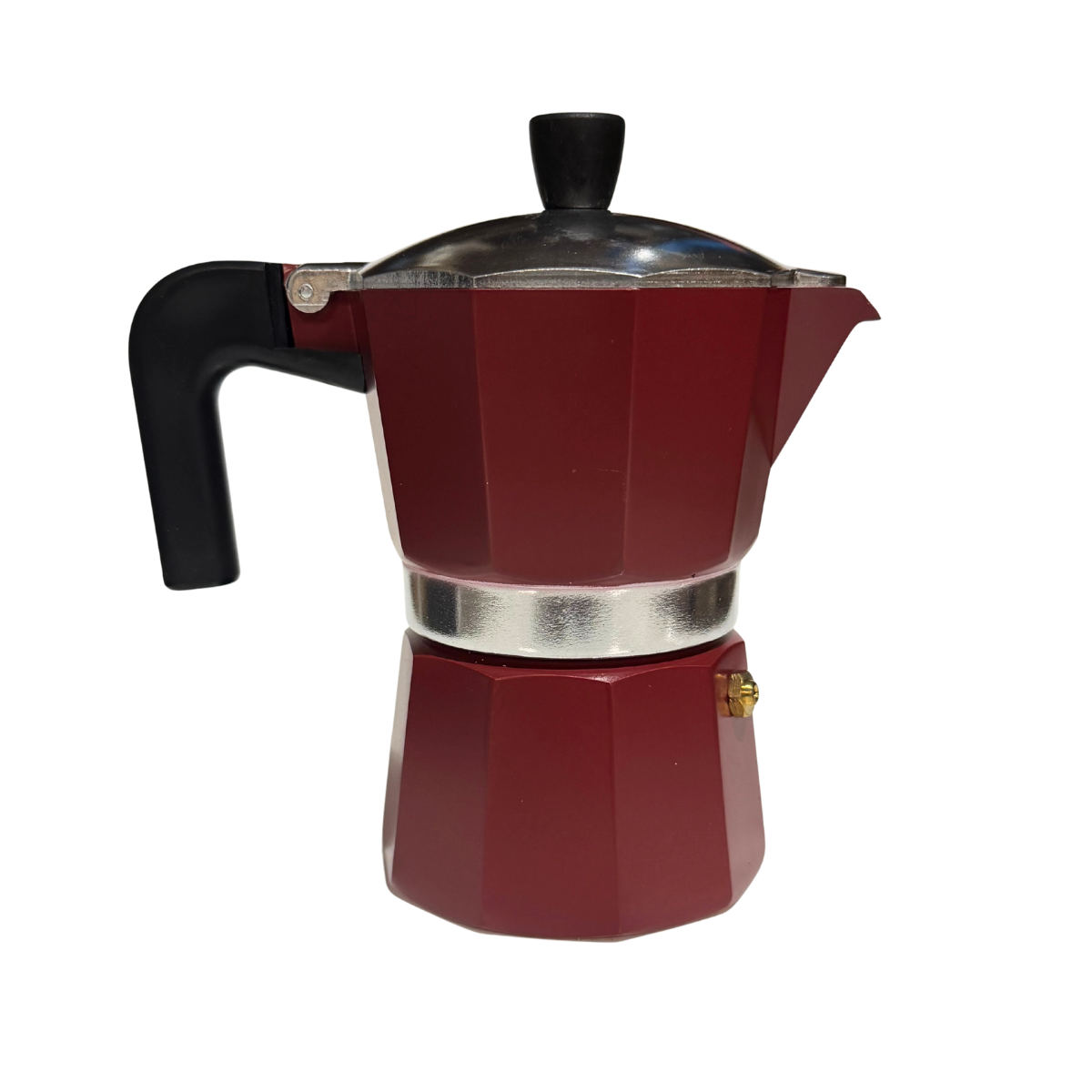 Red stovetop espresso maker with black handle on a white background