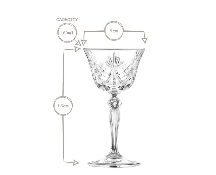 Clear glass goblet with measurements on a white background