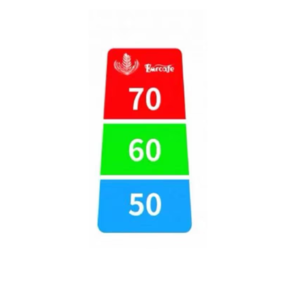 Three colored labels with numbers on a white background