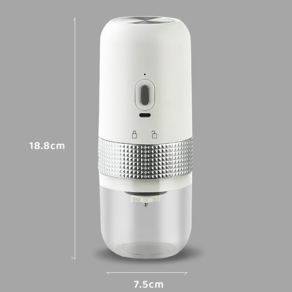White and clear handheld device with measurement details on a gray background