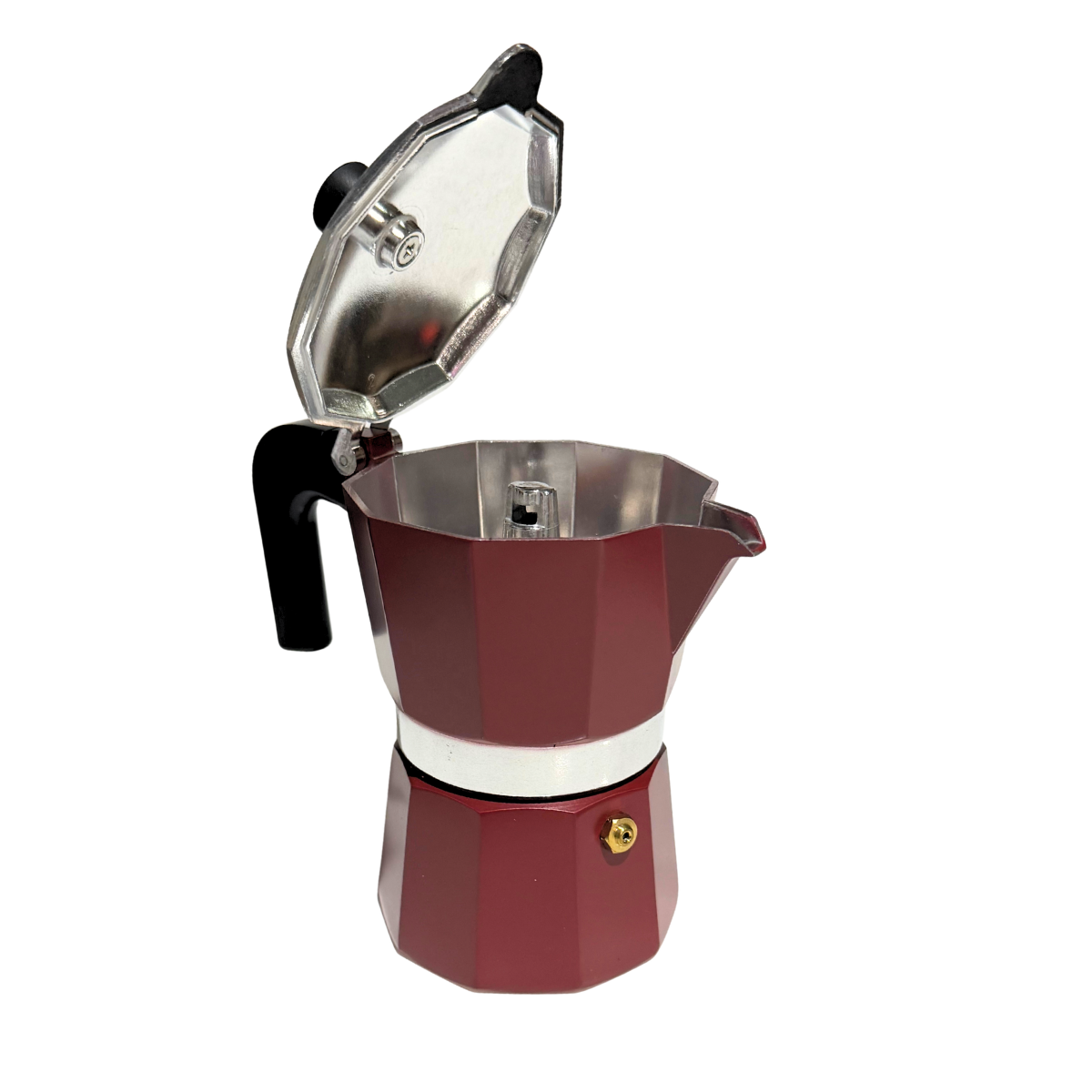 Red and silver stovetop espresso maker on a white background