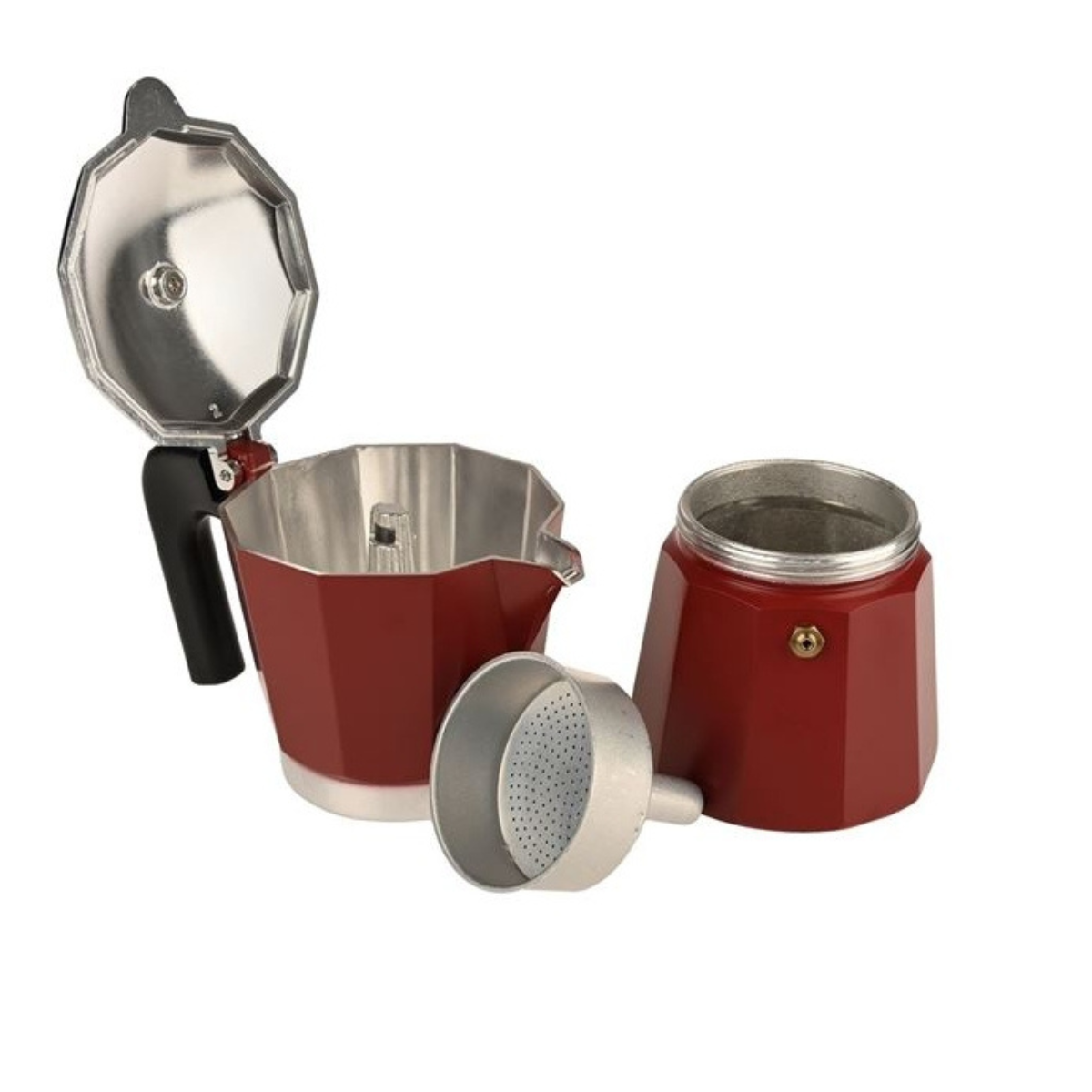 Red and silver coffee maker with detachable parts on a white background