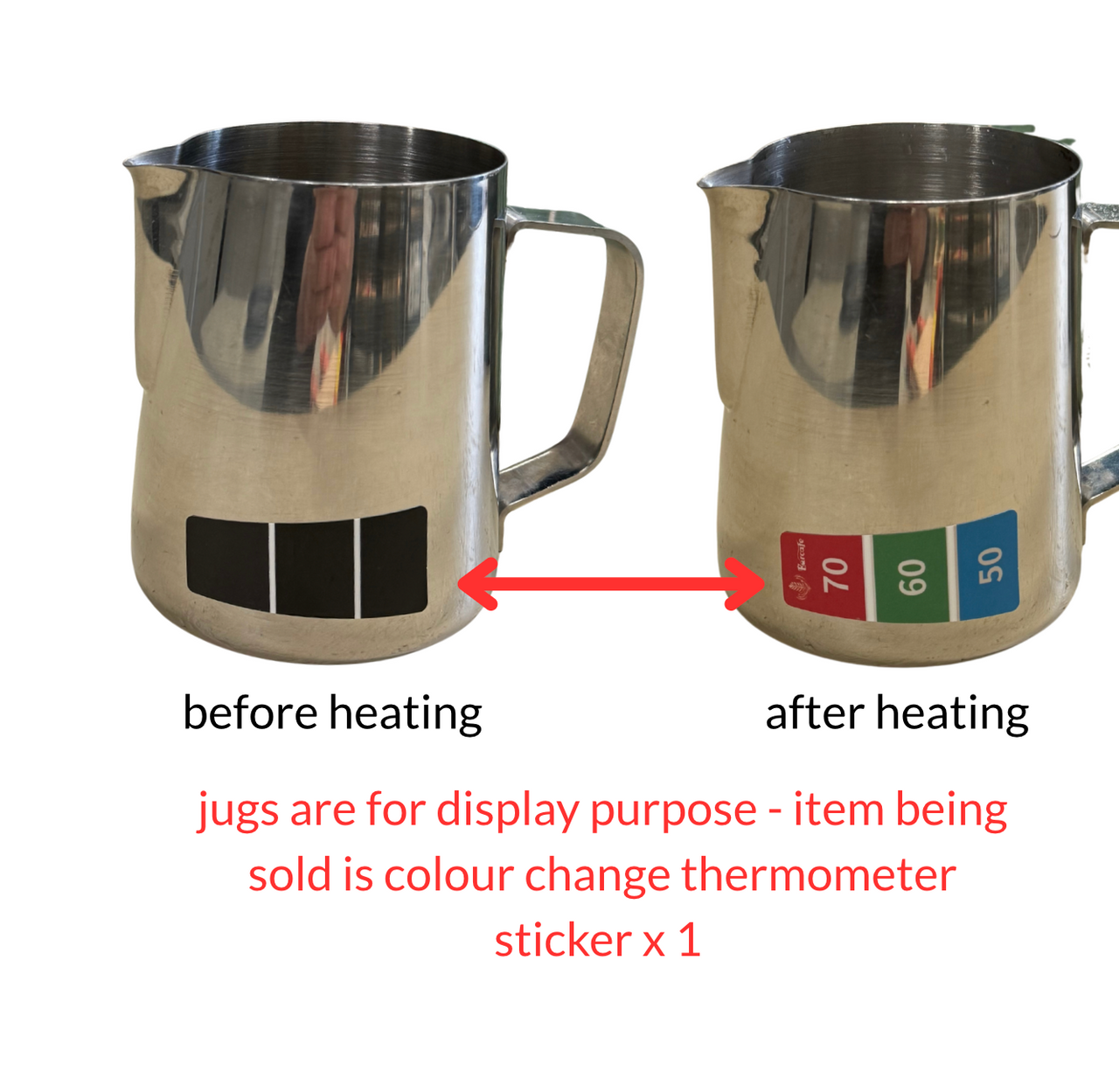 Two metal jugs showing color change on a thermometer sticker after heating.