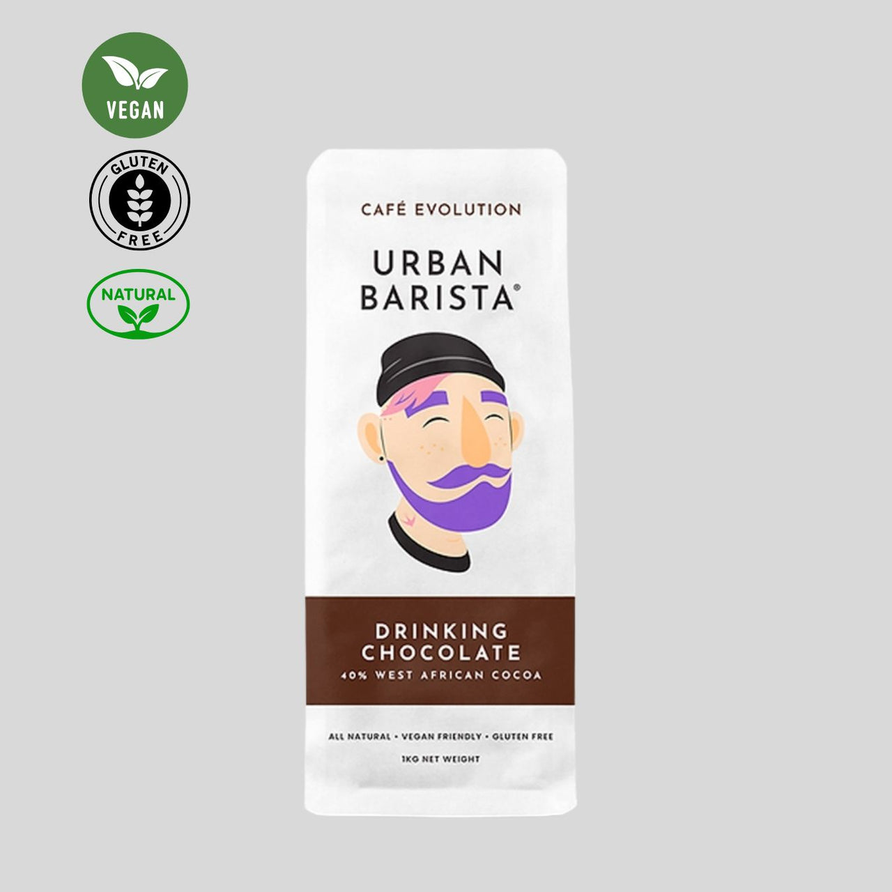 Urban Barista drinking chocolate package with branding and certification logos on a gray background