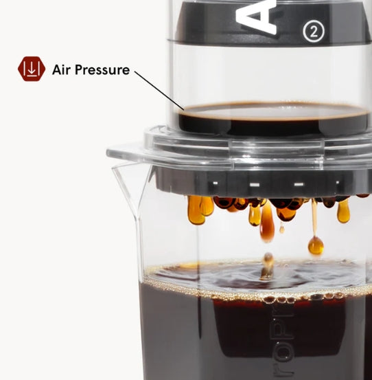 Coffee brewing apparatus with air pressure feature labeled, showing coffee dripping.