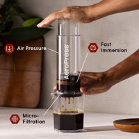 Thumbnail for A person using an Aeropress coffee maker with labeled features on a neutral background