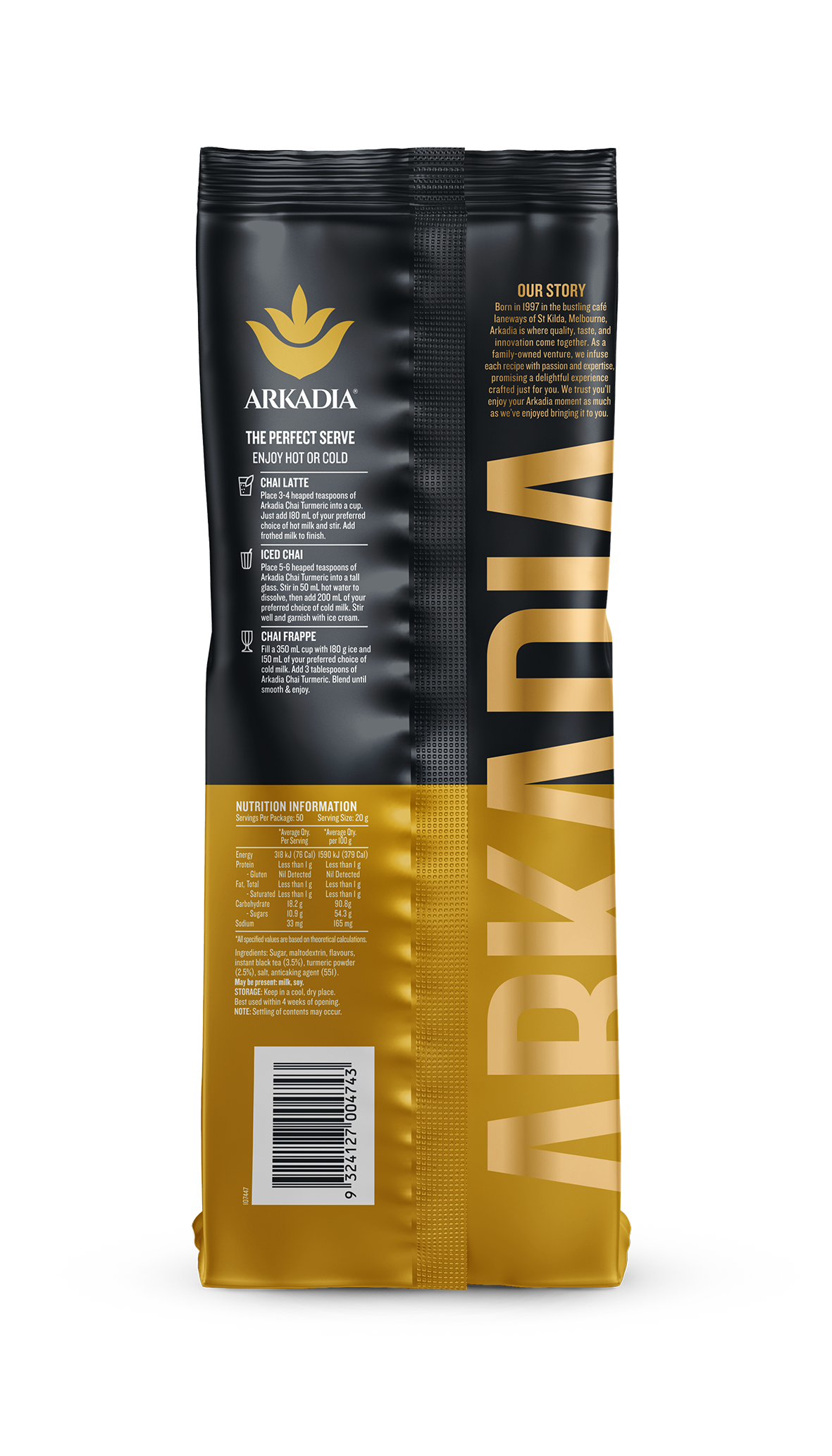 Arkadia coffee package with black and gold design on a white background