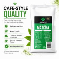 Thumbnail for A 500g bag of Arkadia Barista Range Matcha Latte on a white background with green leaf graphics and marketing text highlighting product qualities.