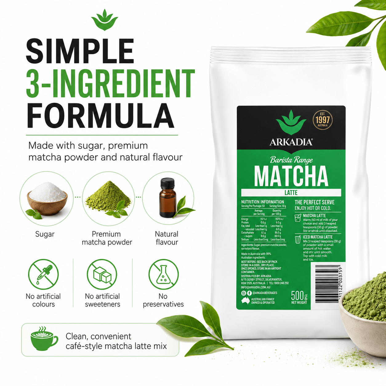 A white stand-up pouch of Arkadia Barista Range Matcha Latte 500g matcha powder, shown on a white background with marketing text, ingredient icons, and a small bowl of green matcha powder.