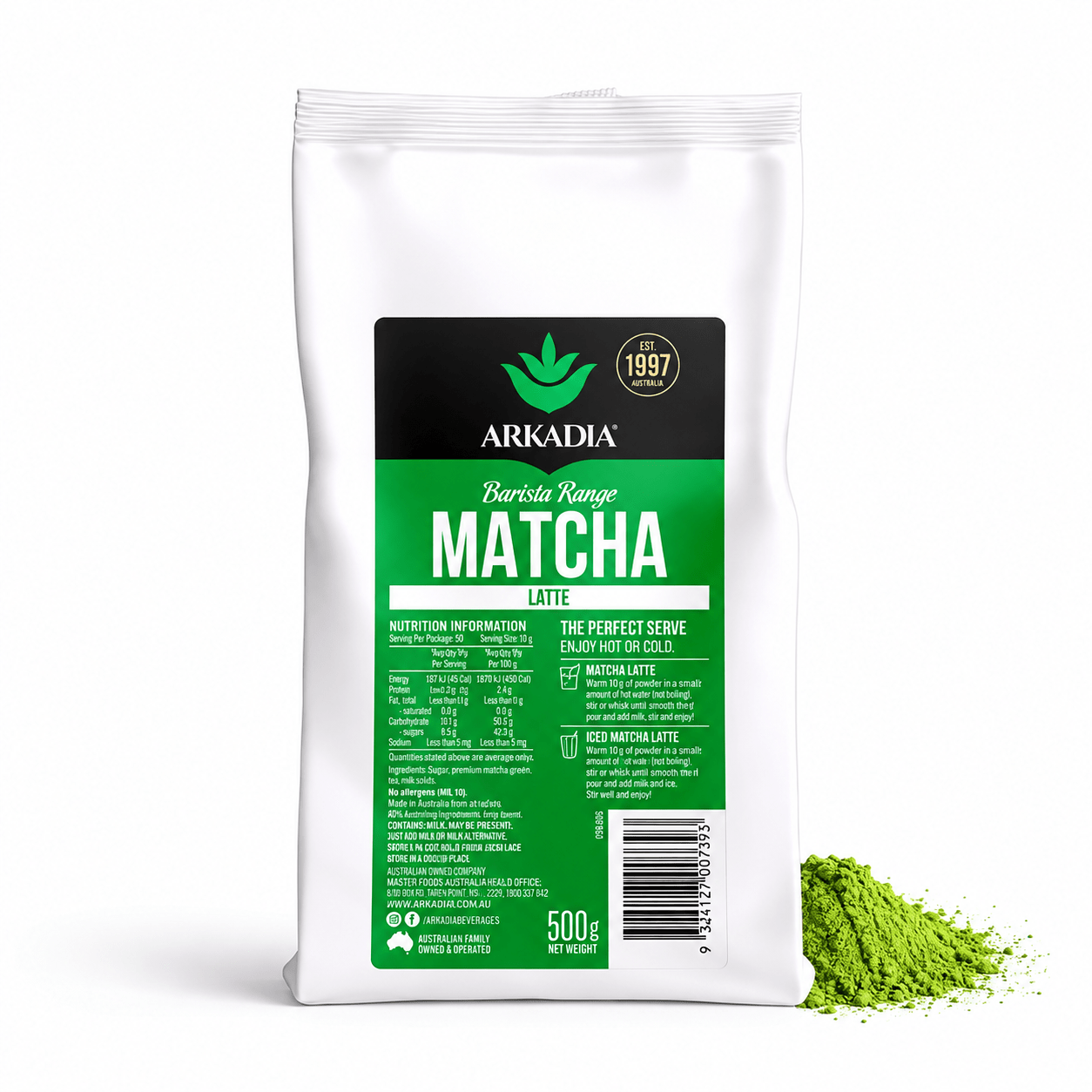 A 500g white bag of Arkadia Barista Range Matcha Latte, shown on a white background with a small pile of green matcha powder next to it.