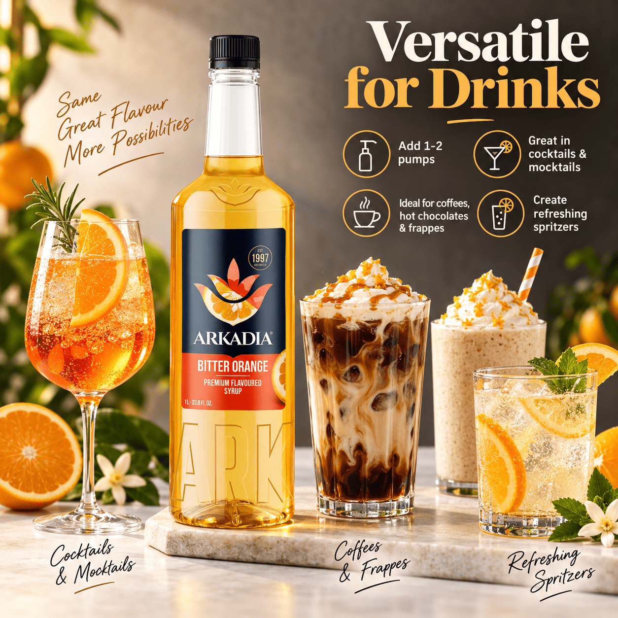 Arkadia Bitter Orange Syrup uses for cocktails mocktails coffee and frappes
