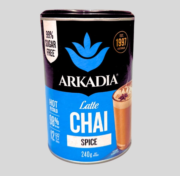 Arkadia Latte Chai Spice can on a gray background