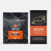 Thumbnail for Arkadia Chai Spice tea packaging including a black bag and a black canister on a white background