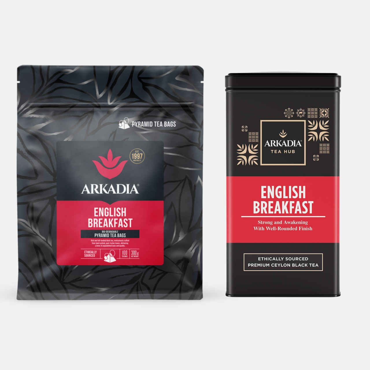 Arkadia English Breakfast tea packaging including a black bag and a black tin on a white background.