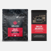 Thumbnail for Arkadia English Breakfast tea packaging including a black bag and a black tin on a white background.