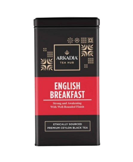 Tea canister labeled 'English Breakfast' by Arkadia Tea Hub on a white background