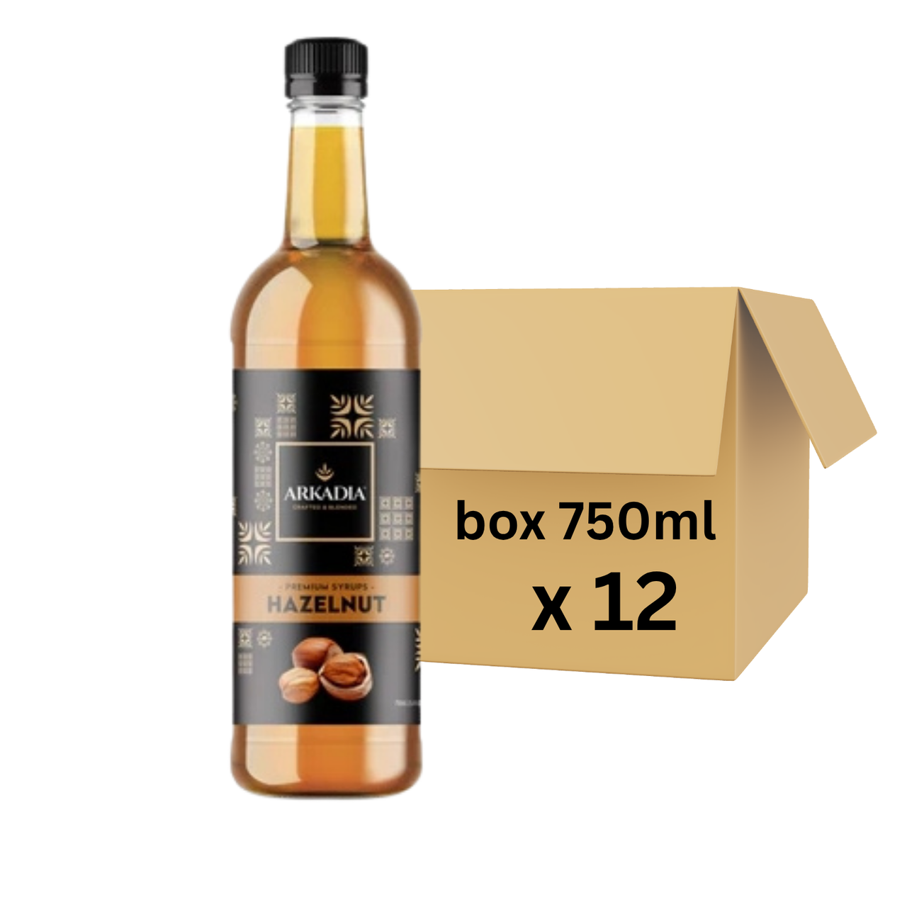 A bottle of Arkada Hazelnut syrup 
next to a brown cardboard shipping box with text reading 'box 750ml x 12' on a plain white background.