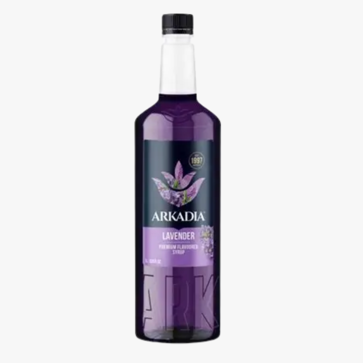 A bottle of Arkadia Lavender Premium Flavouring syrup, 230g, featuring a dark purple liquid and a black label with lavender illustrations, set against a plain light gray background.
