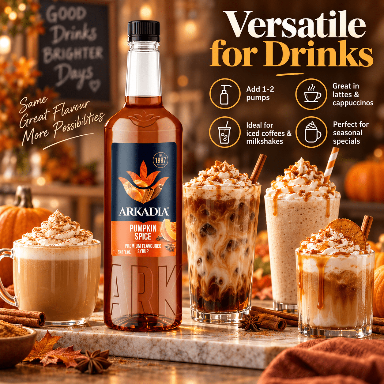 Arkadia Pumpkin Spice Syrup for lattes iced coffee milkshakes and seasonal drinks