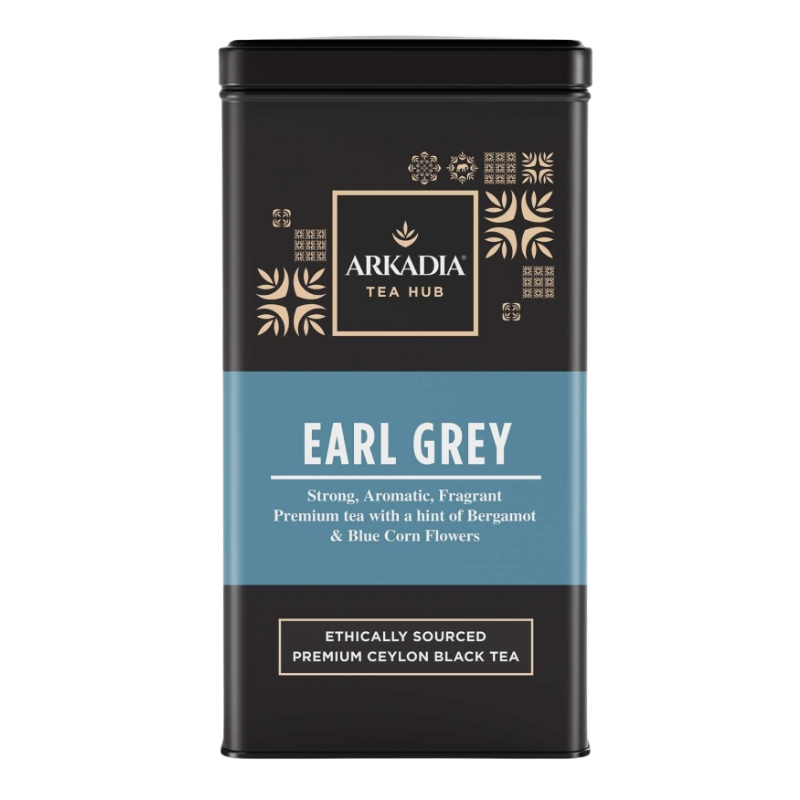 Tea canister with Arkadia Tea Hub branding and Earl Grey description on a white background