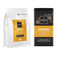 Thumbnail for Arkadia chamomile tea packaging including a white bag and black tin on a white background