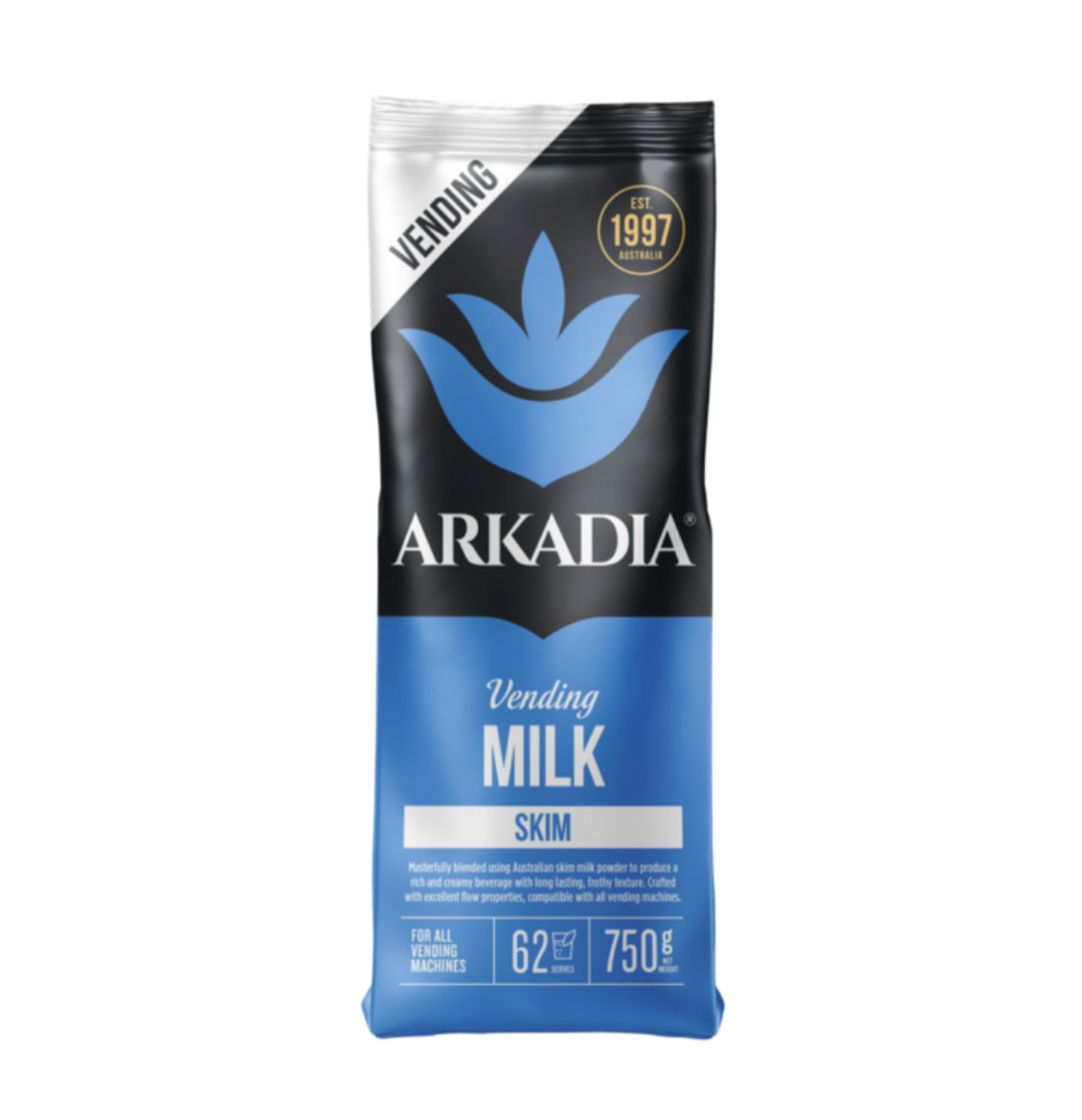 A package of Arkadia Vending Skim Milk Powder, 750g, with branding and product information displayed on the front.