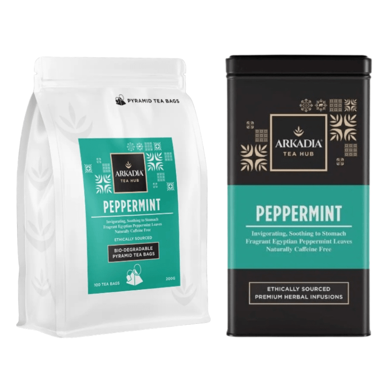 Pyramid Tea Bags and Arkadia Tea Hub Peppermint herbal infusion packages shown side by side on a white background.