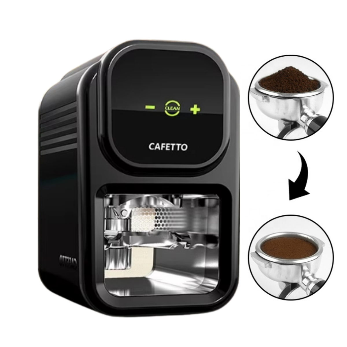 Black coffee machine with 'Cafetto' branding, showing coffee preparation steps on a white background.