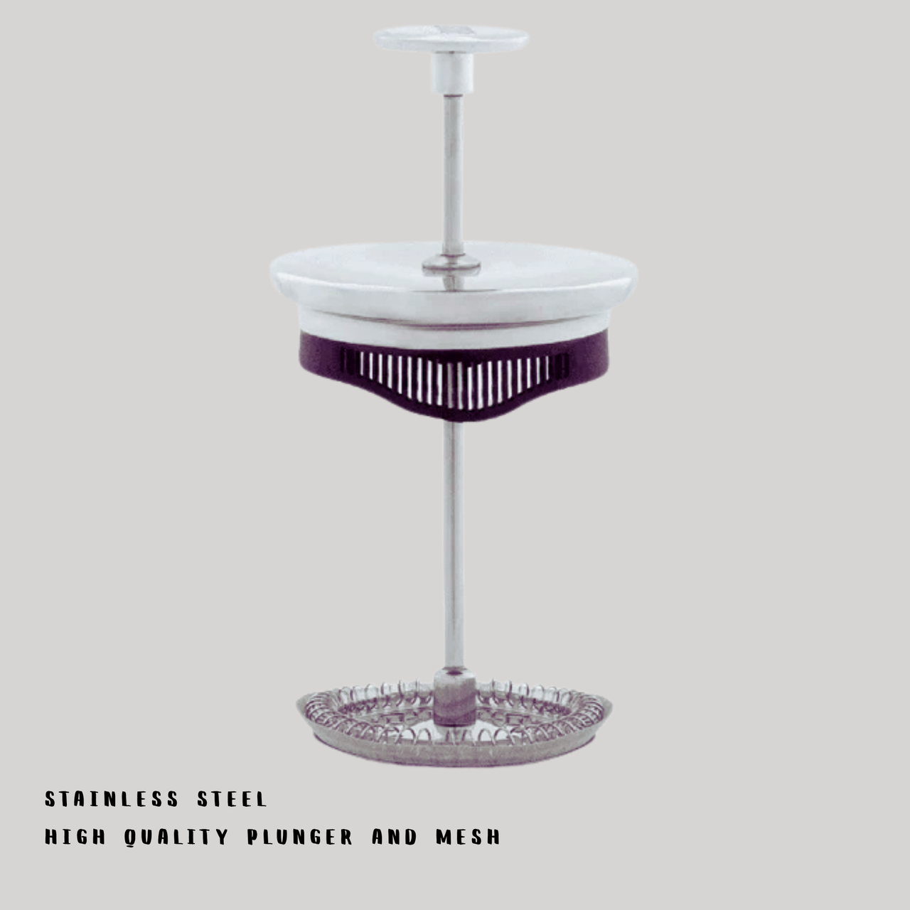 Stainless steel plunger with mesh on a light gray background