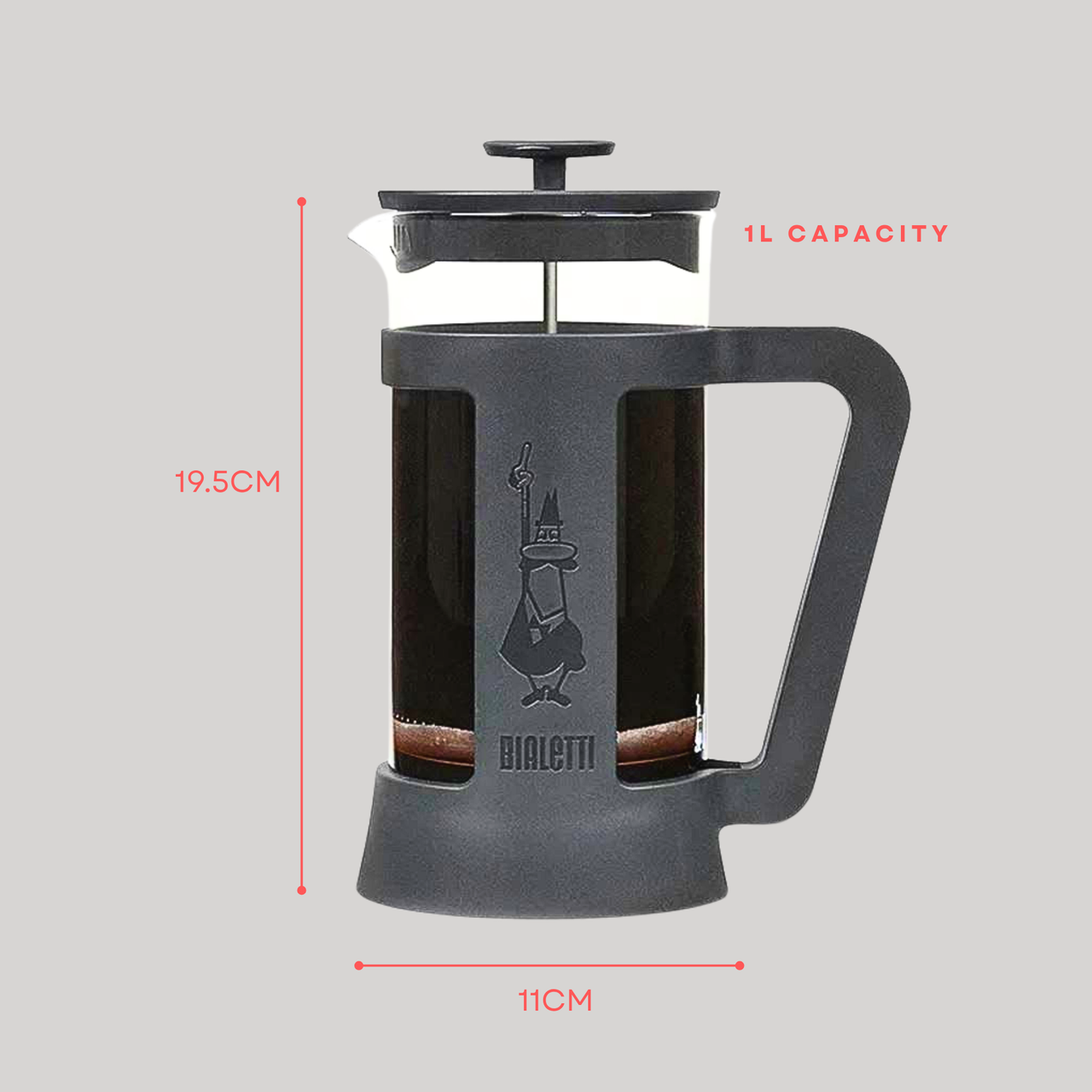 Bialetti coffee press with dimensions on a gray background