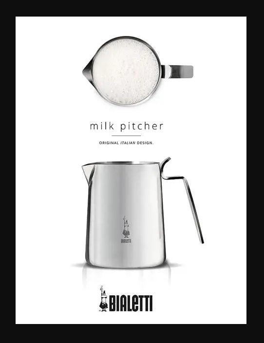 Stainless steel milk pitcher with Bialetti logo on a white background