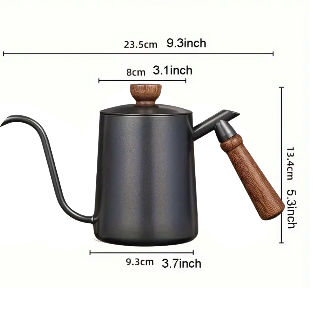 Black kettle with wooden handle and spout, showing measurements on a white background