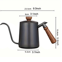 Thumbnail for Black kettle with wooden handle and spout, showing measurements on a white background