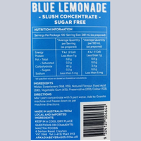 Thumbnail for Blue Lemonade slush concentrate sugar-free label with nutrition information and ingredients on a light gray background.