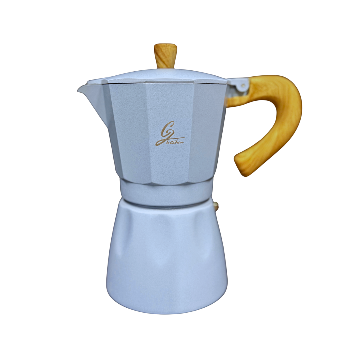 Aluminum stovetop espresso maker with wood look  handle on a white background