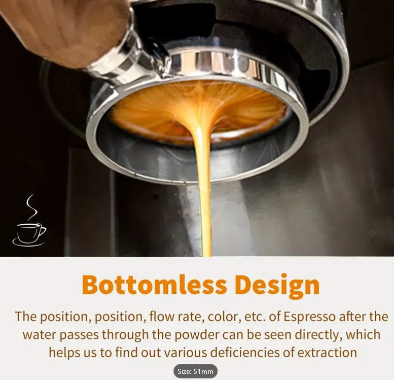 Espresso being poured into a portafilter with text about the bottomless design.