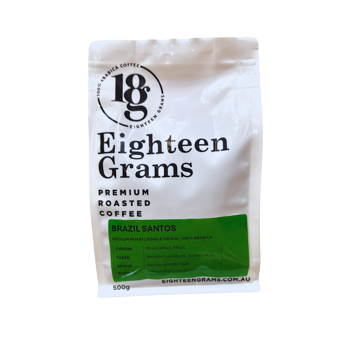Eighteen Grams coffee package on a white background brazil santos

