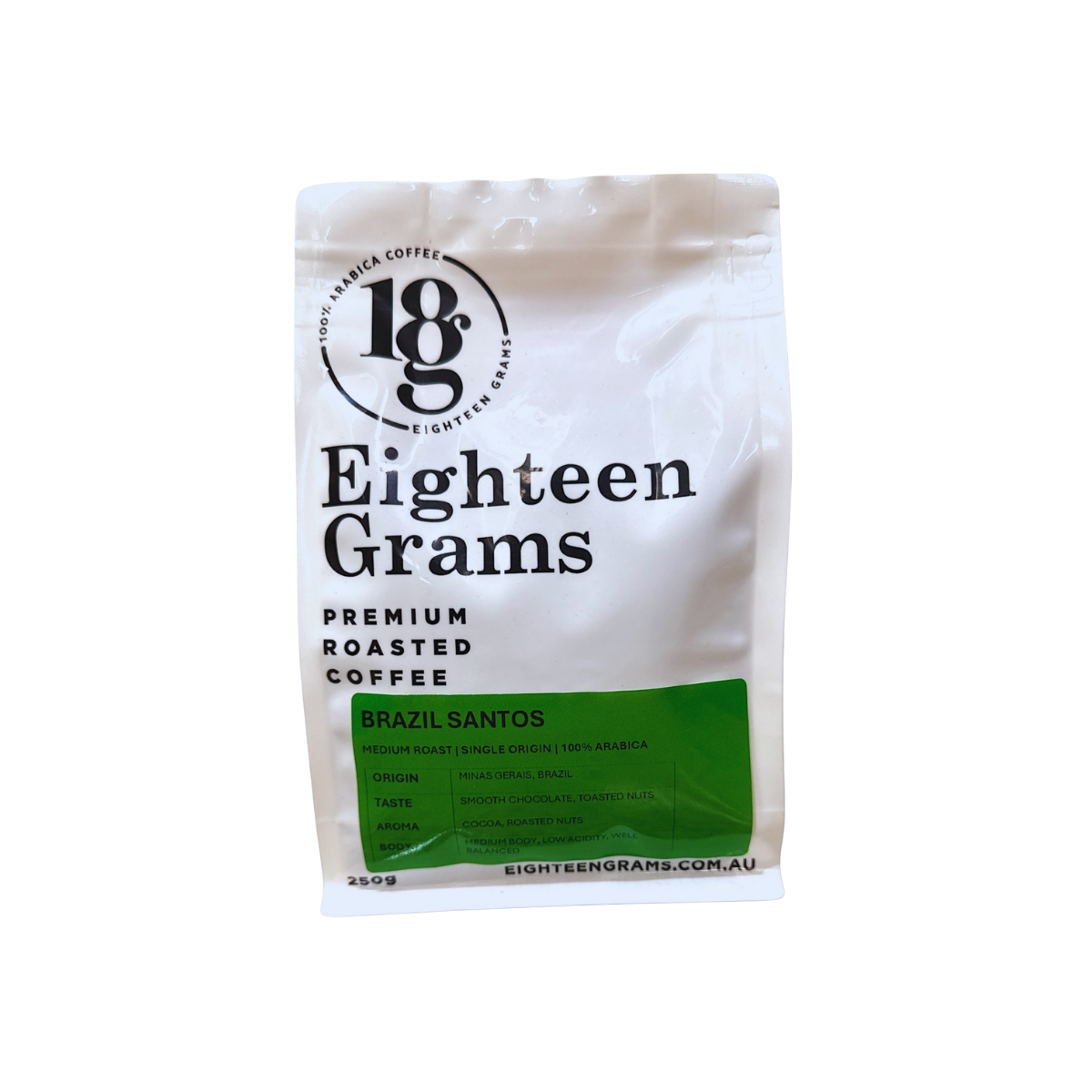 Eighteen Grams coffee package on a white background brazil santos 