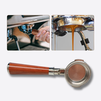 Thumbnail for Collage of a coffee machine in action and a close-up of a wooden-handled espresso tool.