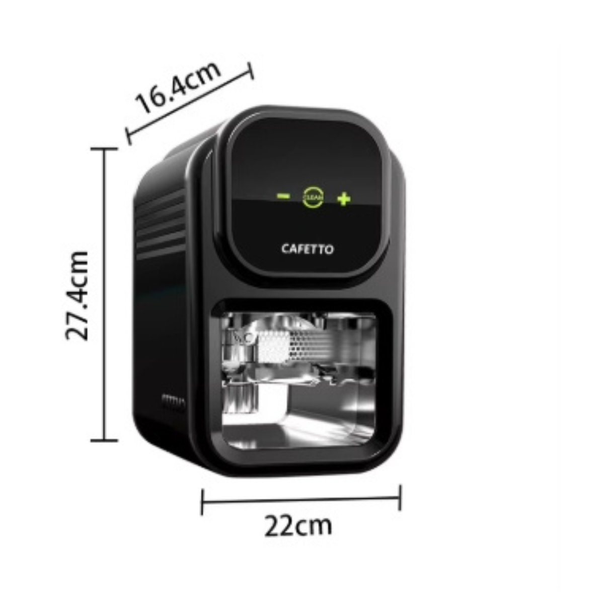Cafetto coffee machine with dimensions labeled on a white background