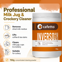 Thumbnail for Cafetto Inverso Professional Milk Jug and Crockery Cleaner powder in a 750g white tub with an orange and white label, shown on a white background with orange accents and product benefits listed on the left.