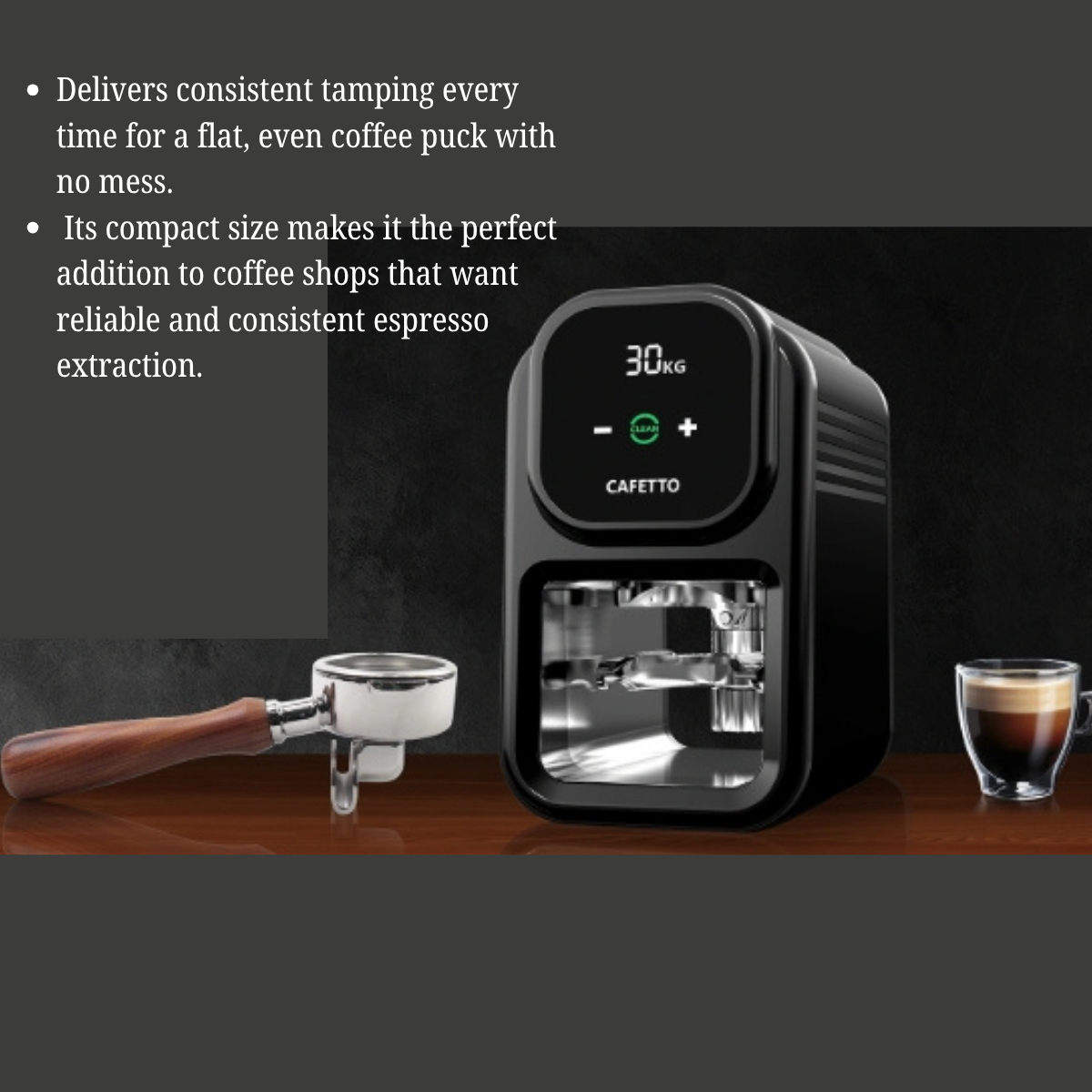 Cafetto coffee grinder with a glass of espresso on a wooden surface, text about its features.